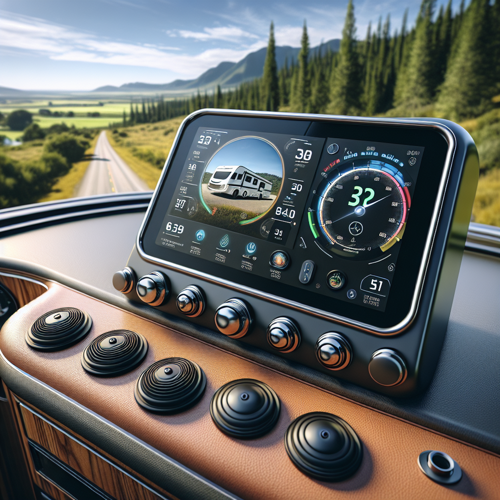 Close-up of a tire monitoring system for RVs with a digital display and tire sensors.