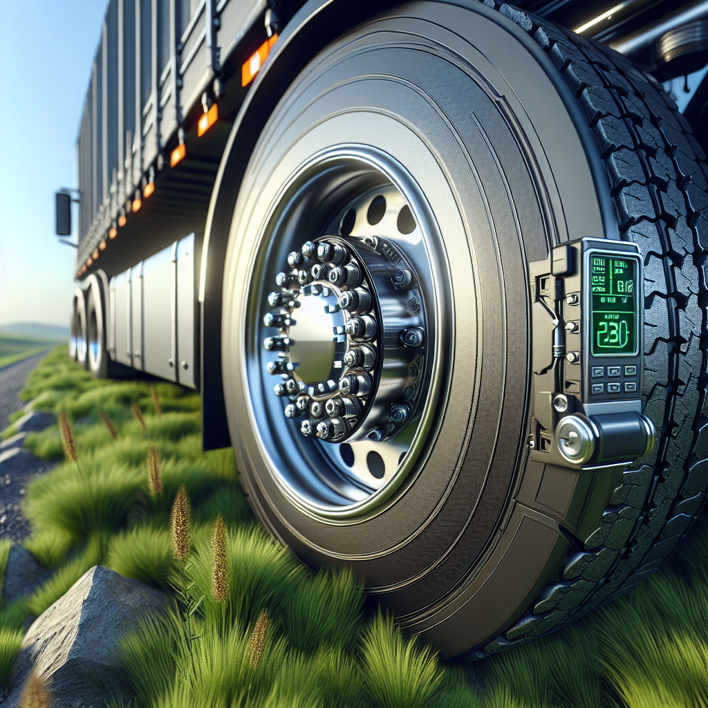 A semi-trailer with a visible tire pressure monitoring system on its tire.