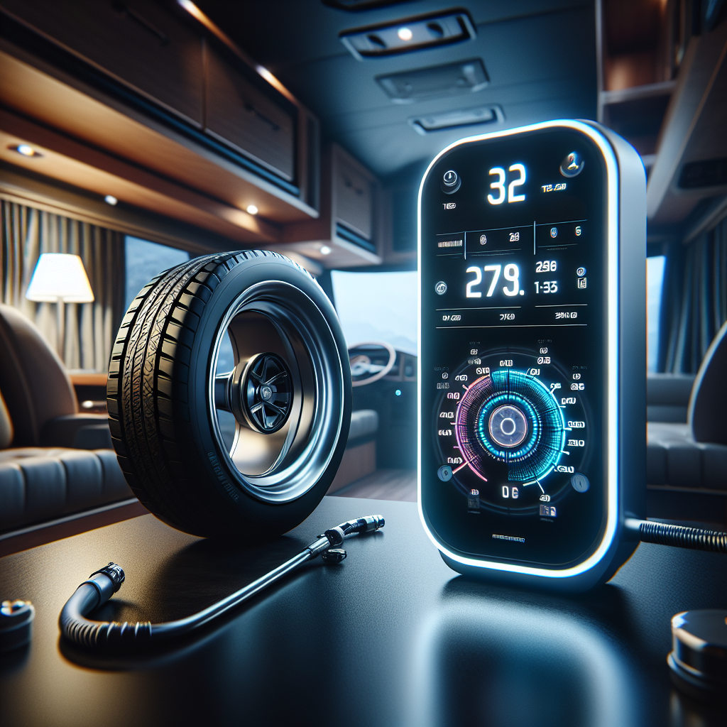 A tire monitoring system display inside an RV, showing tire pressure and temperature monitoring.