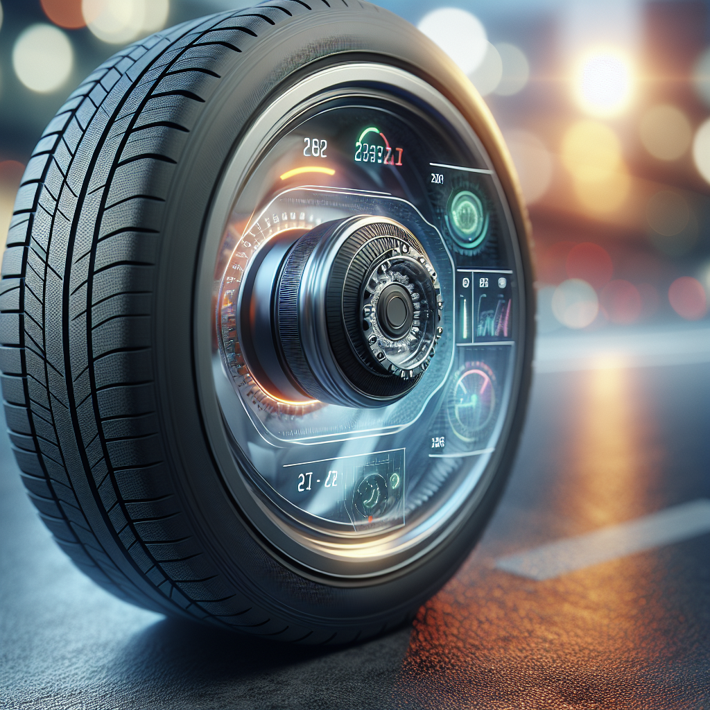 A close-up of a tire with a transparent view of a TPMS sensor and a digital dashboard.