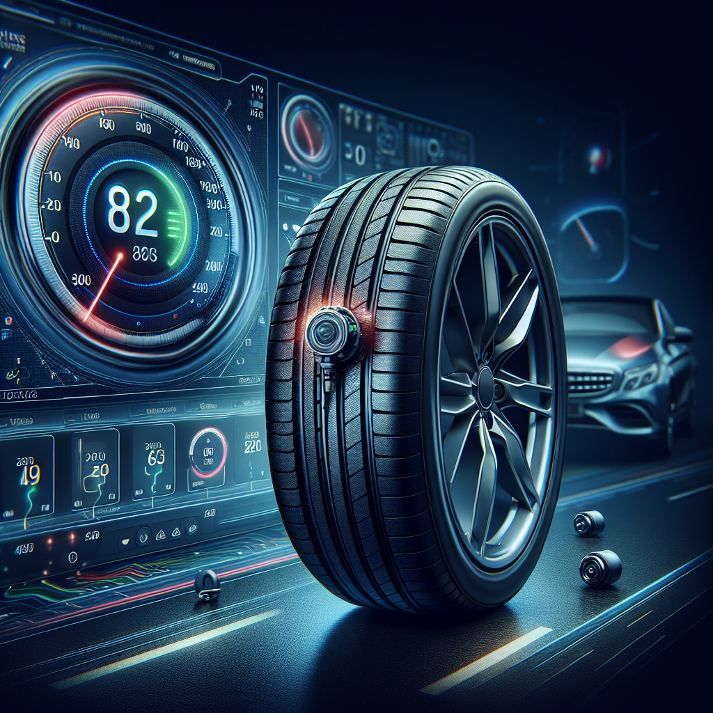 A close-up of a tyre with a TPMS sensor and a modern vehicle dashboard.