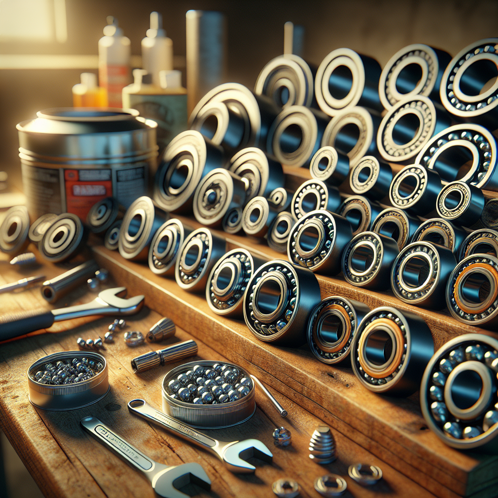 Close-up image of shiny trailer bearings on a wooden workbench with tools and grease.