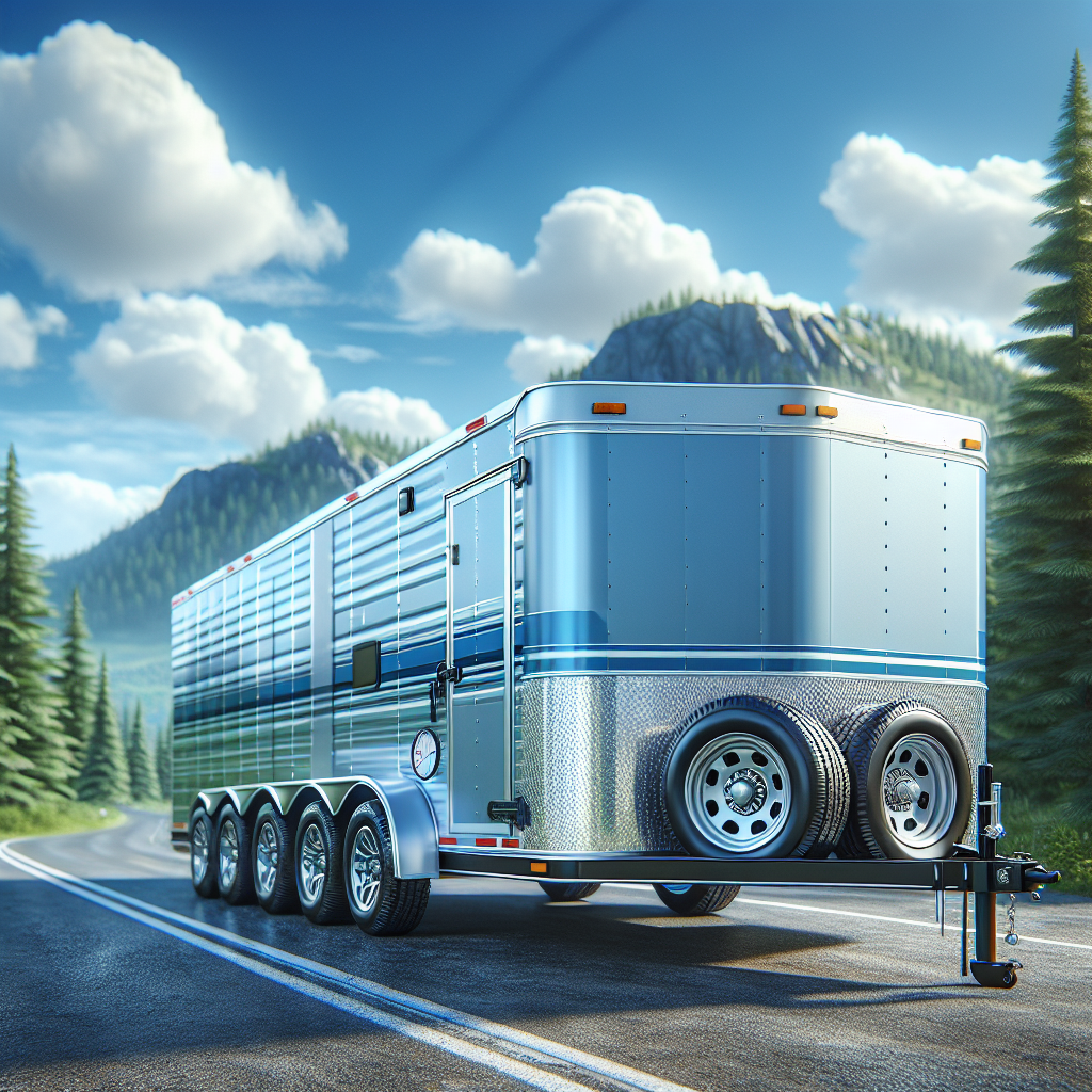 A trailer with visible tires and air pressure gauges on a scenic road.
