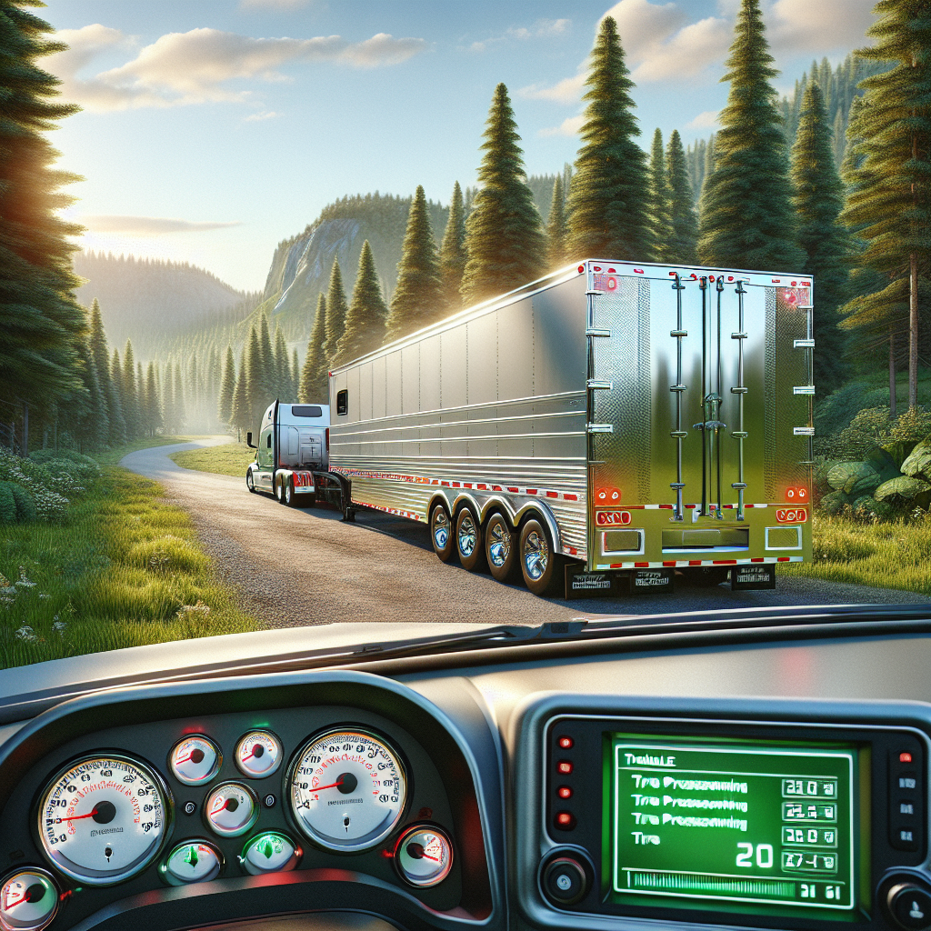 A 5th wheel trailer with tire pressure monitoring sensors in a scenic outdoor setting.