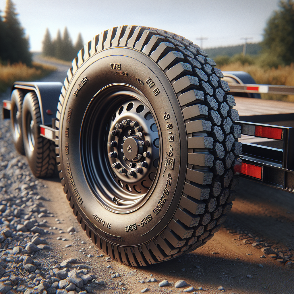 A close-up of a trailer tire on a gravel road, showcasing details of its sidewall markings and tread pattern.