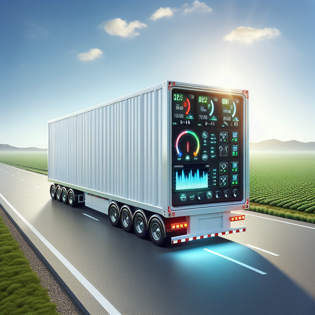 A logistics trailer with temperature sensors inside, set against an open road and green fields.
