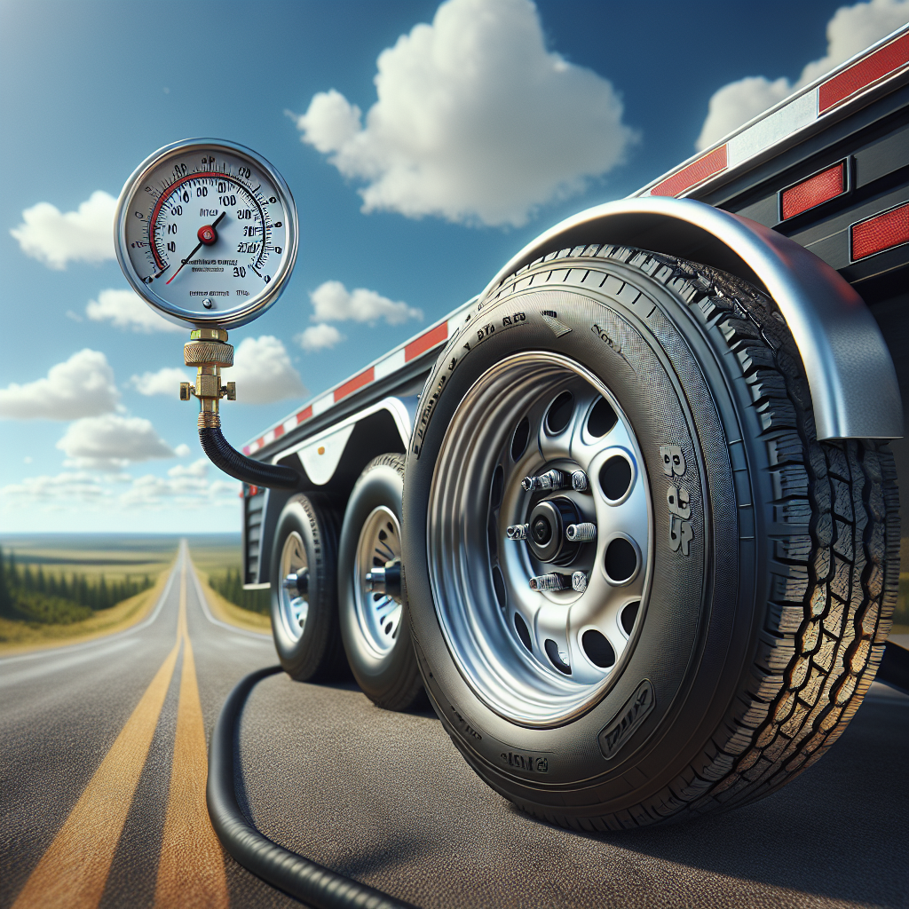Close-up of a trailer tire with an air pressure gauge, featuring a scenic road and sky in the background.