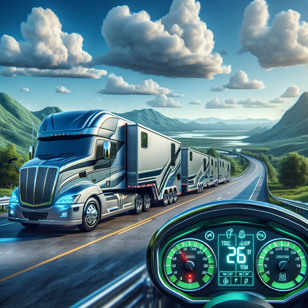 A 5th wheel trailer towing vehicle parked on a scenic highway with a tire pressure monitoring system display.