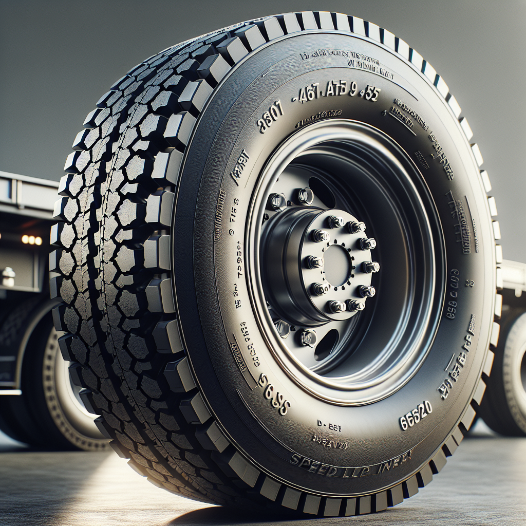 A close-up realistic depiction of a trailer tire with visible specifications on its sidewall in a natural outdoor setting.