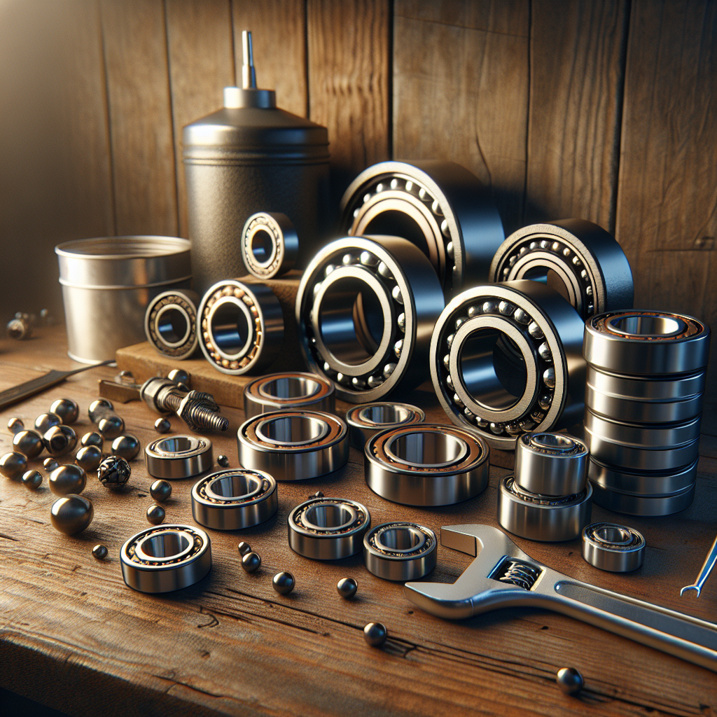 Various types of trailer bearings on a wooden workbench.