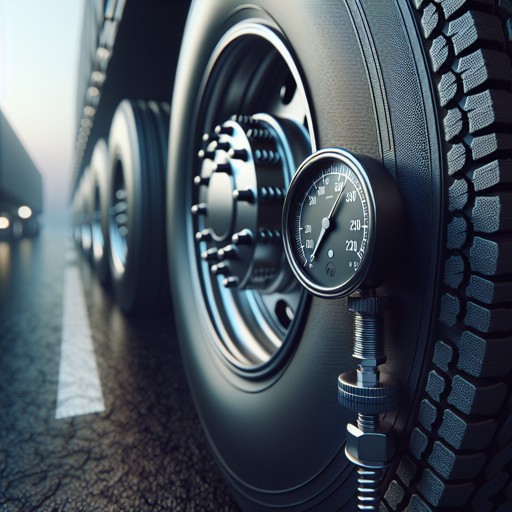 A close-up view of a trailer tire with an air pressure gauge.