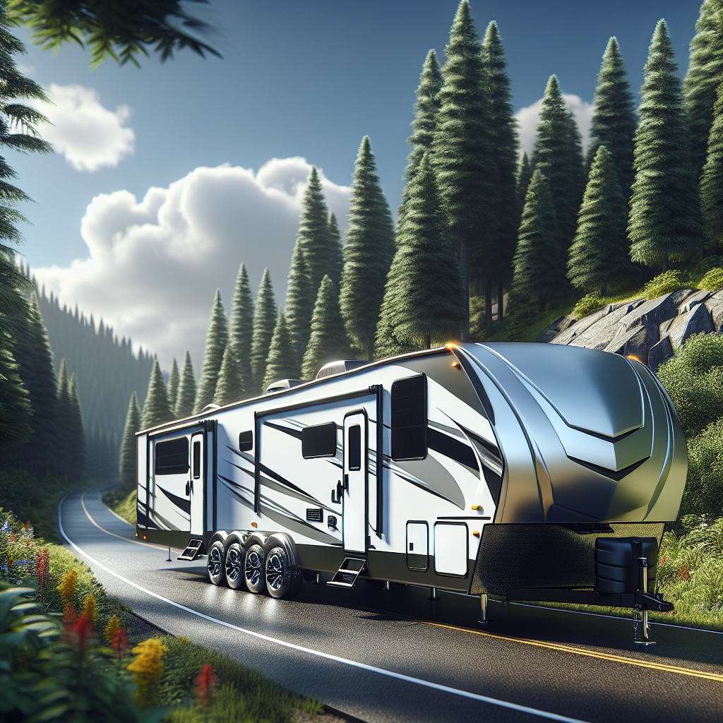 A 5th wheel trailer parked on a scenic roadside with visible tire pressure monitoring sensors.