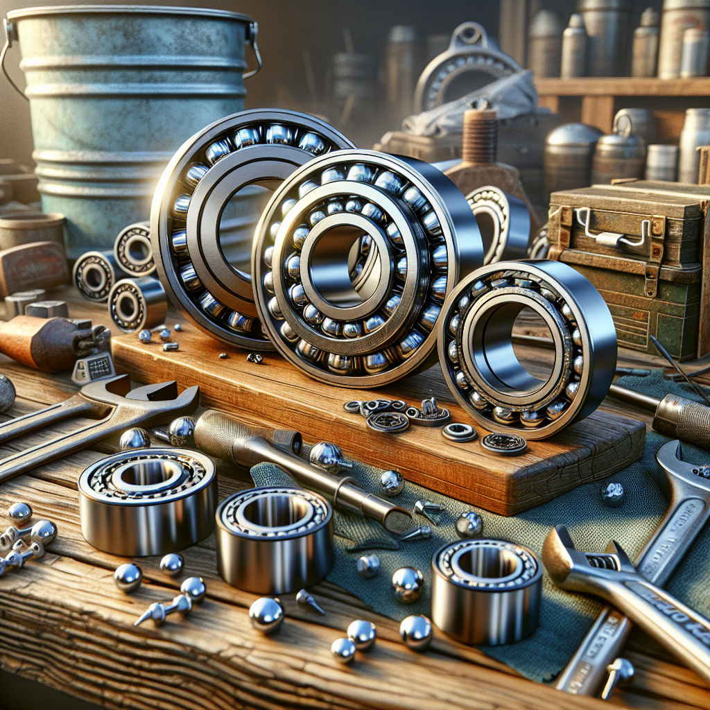 Close-up view of trailer bearings on a wooden workbench, highlighting roller and ball bearings.