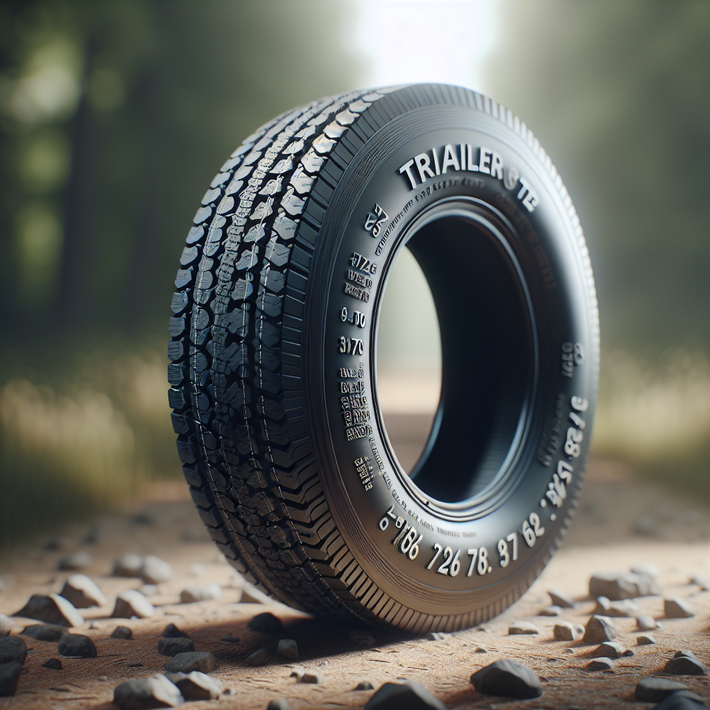 A close-up of a trailer tire displaying its specific numerical markings.
