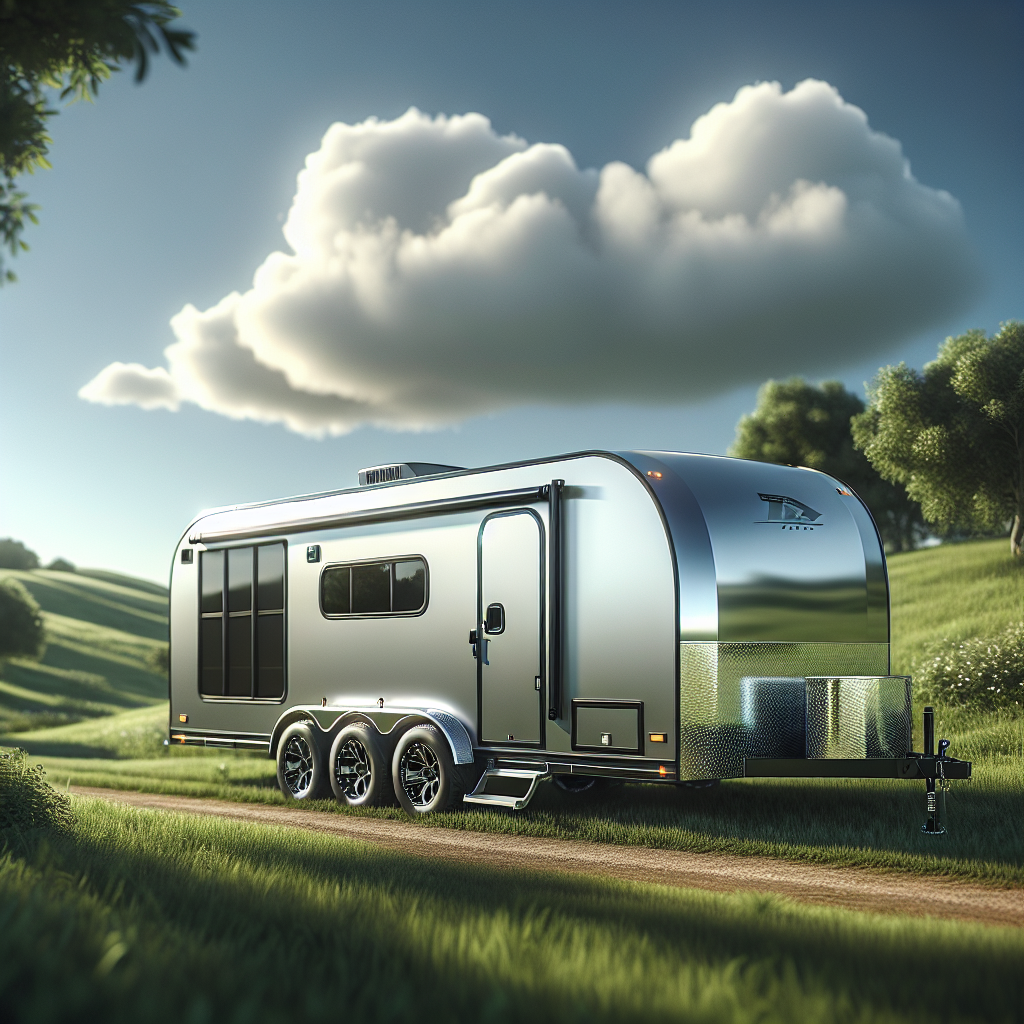 A modern trailer parked in a scenic landscape emphasizing tire maintenance.