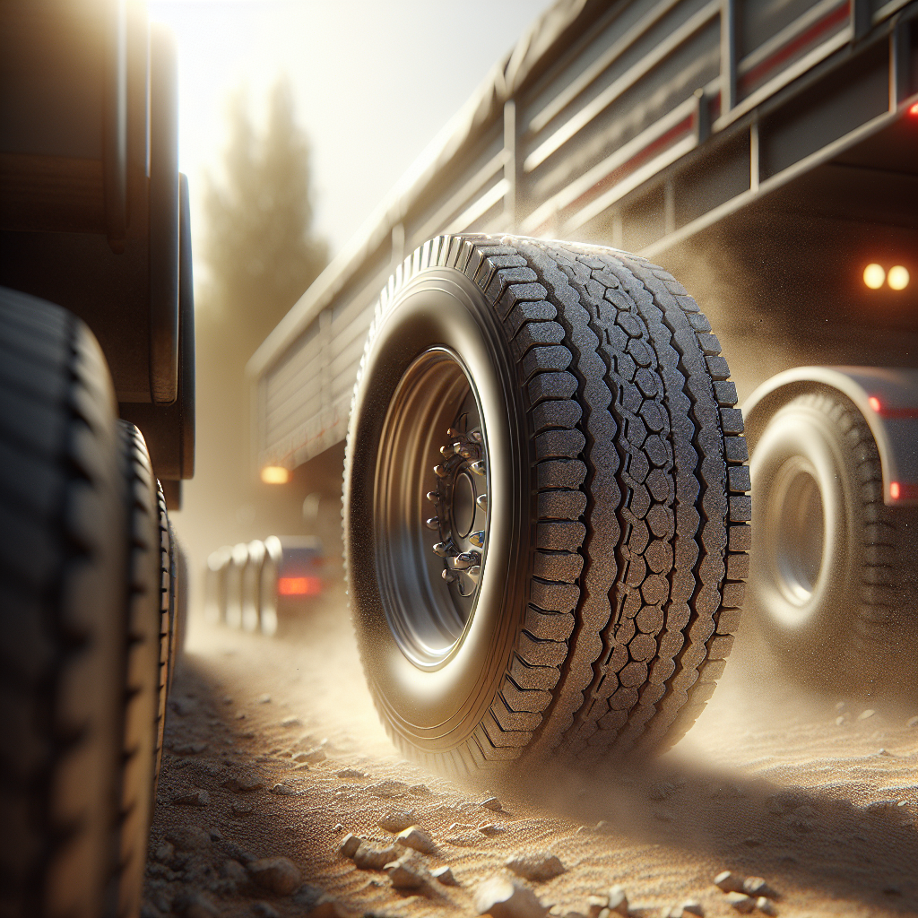 Close-up view of a trailer's tires on a gravel road, showcasing proper tire pressure.