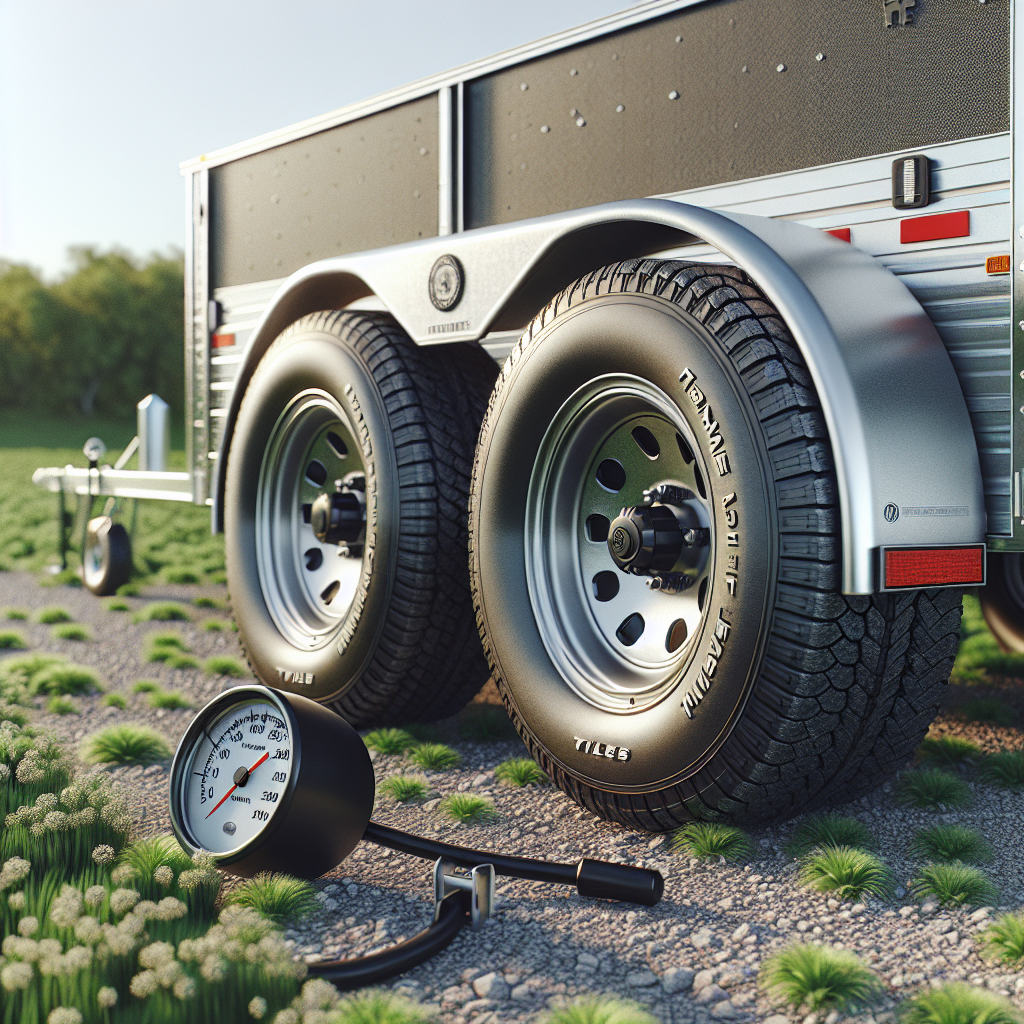 A trailer with visible tires and a pressure gauge on a gravel driveway.