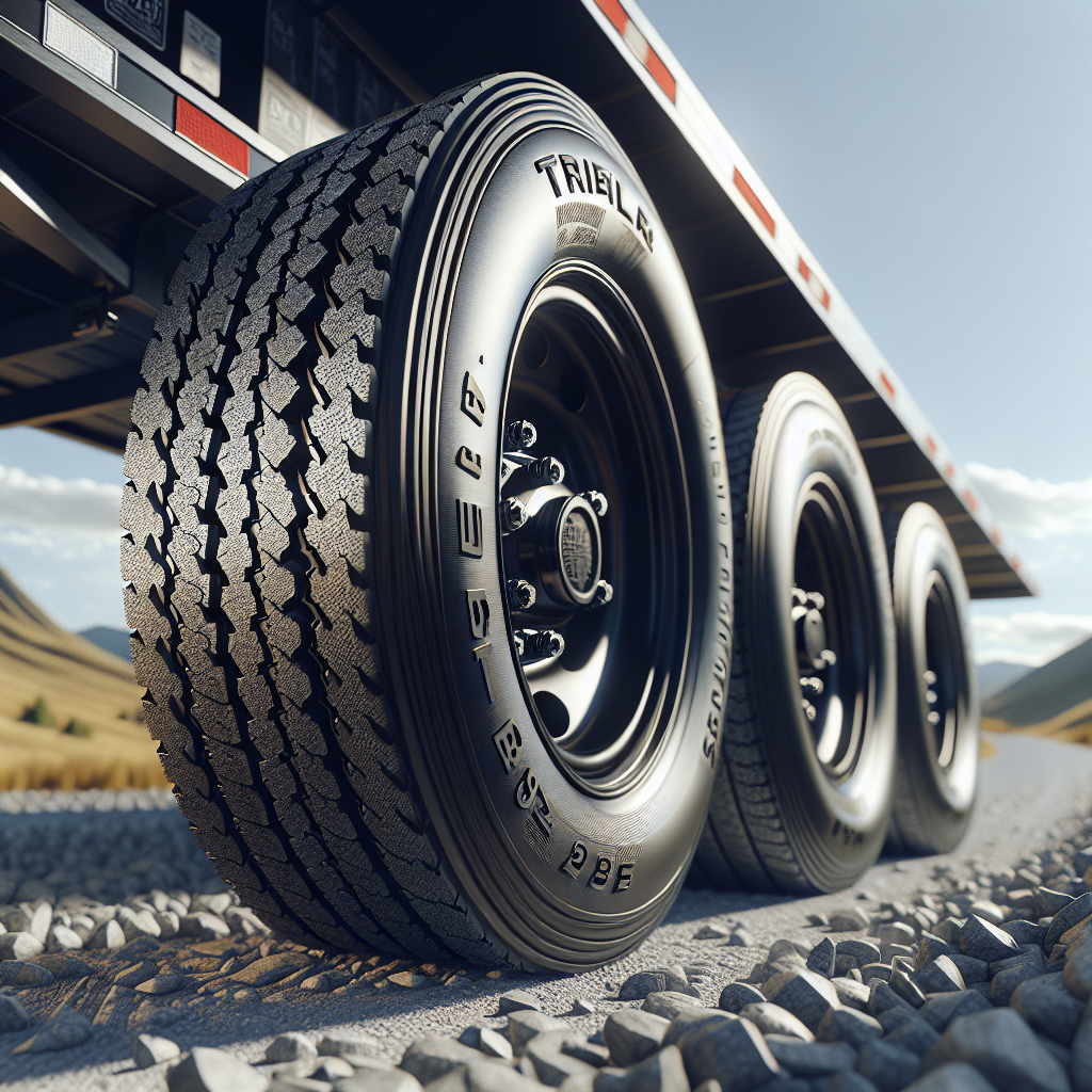 Close-up view of trailer tires on a gravel road, showcasing tread patterns.