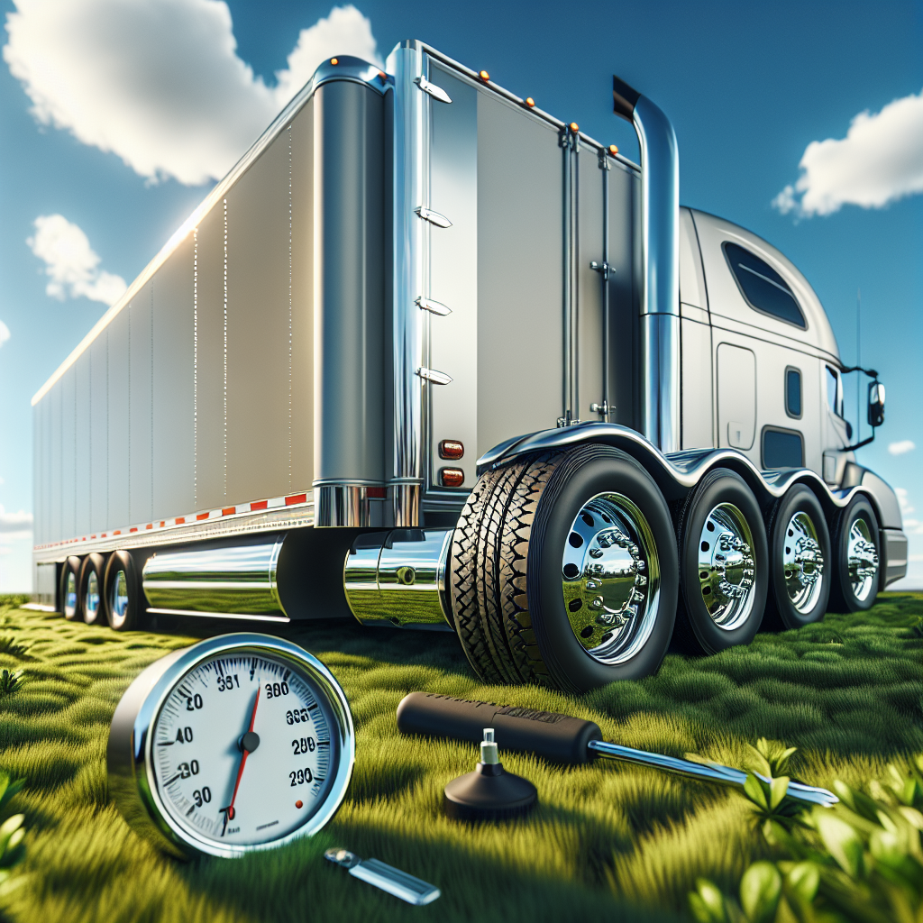 A trailer parked on grass with a focus on its tires and a pressure gauge.