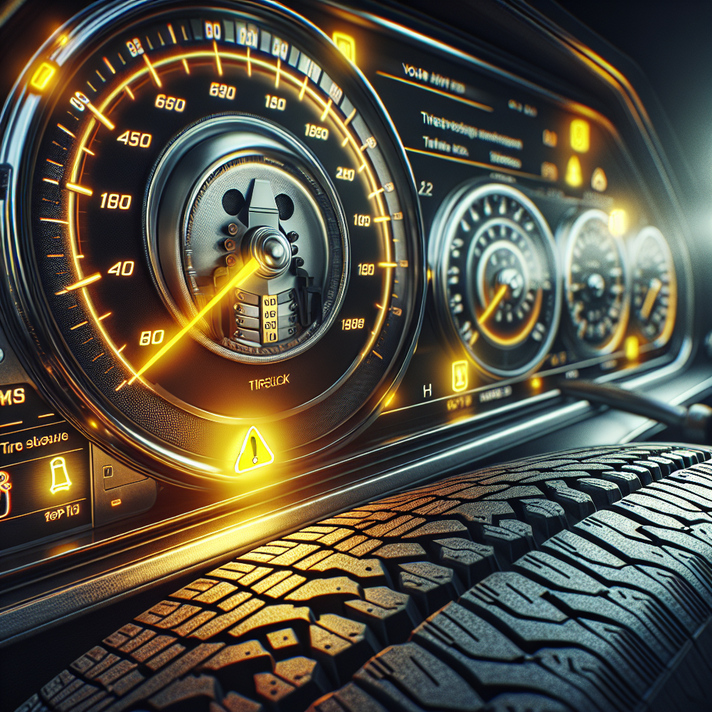A vehicle dashboard with the TPMS warning light illuminated, showing detailed gauges and a close-up of a tire.