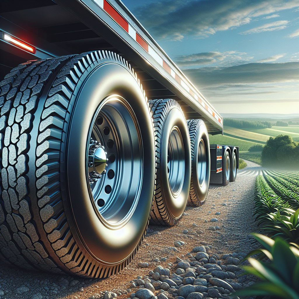 A close-up of well-maintained trailer tires on a gravel surface with a background of a grassy field and blue sky.