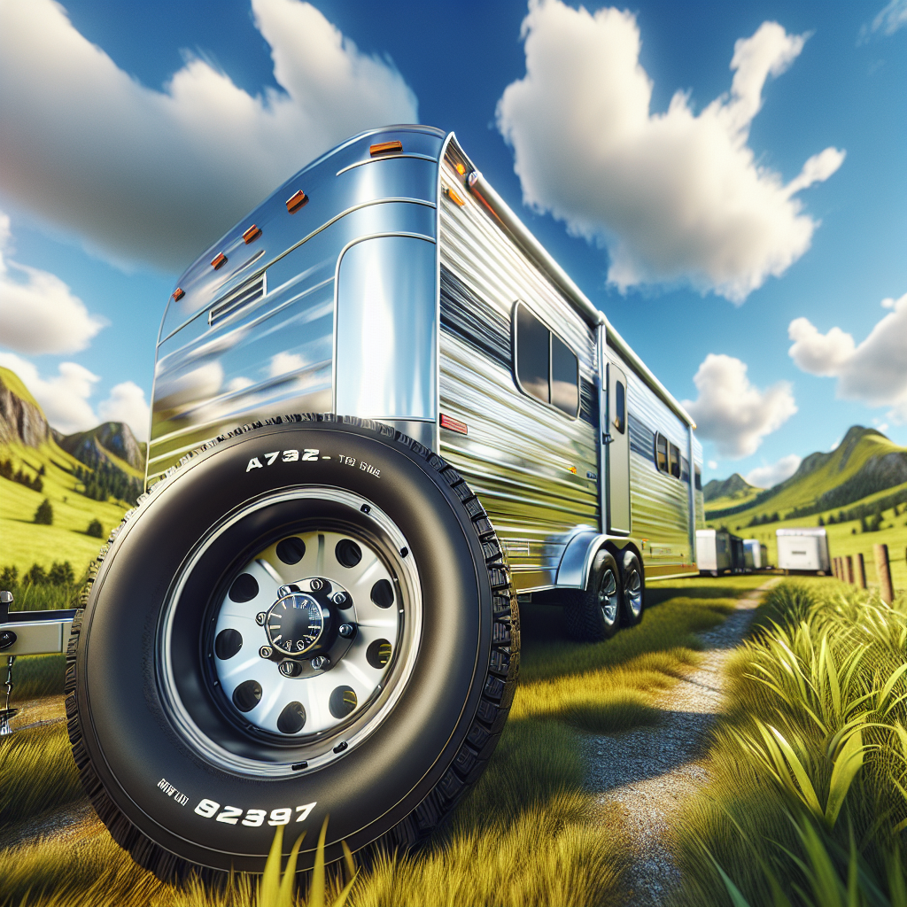 A well-maintained trailer in a grassy field, showcasing a close-up of its tire with focus on correct air pressure.