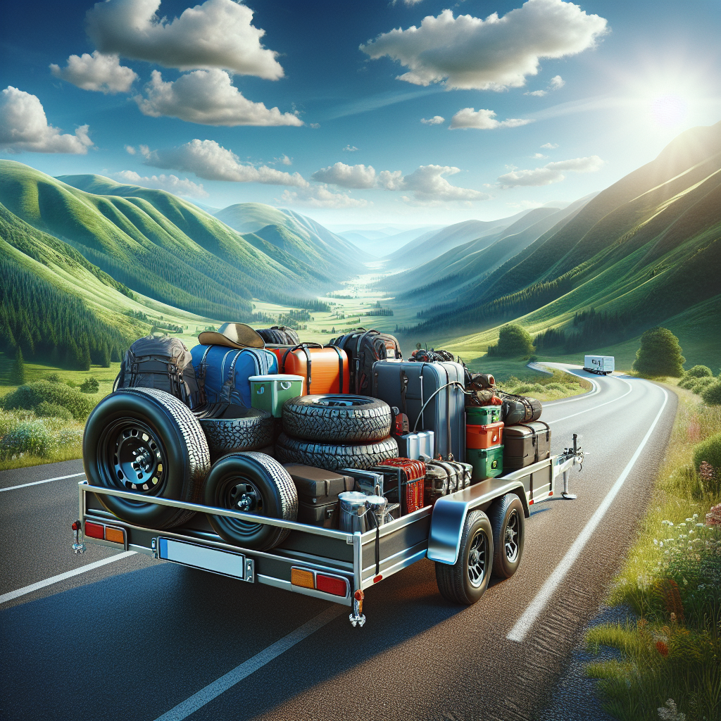 A trailer with properly inflated tires parked on a scenic road.