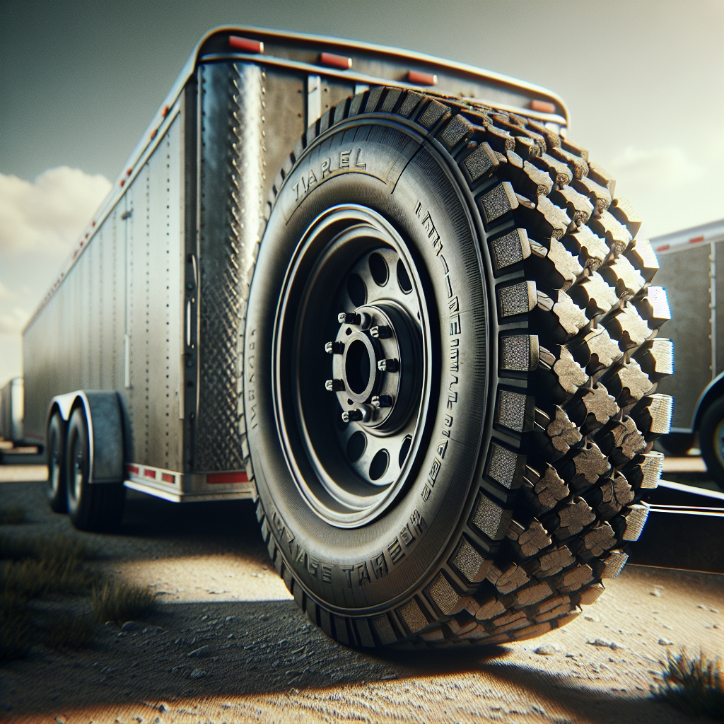 A close-up of a trailer tire mounted on a trailer with a scenic trailer park in the background.