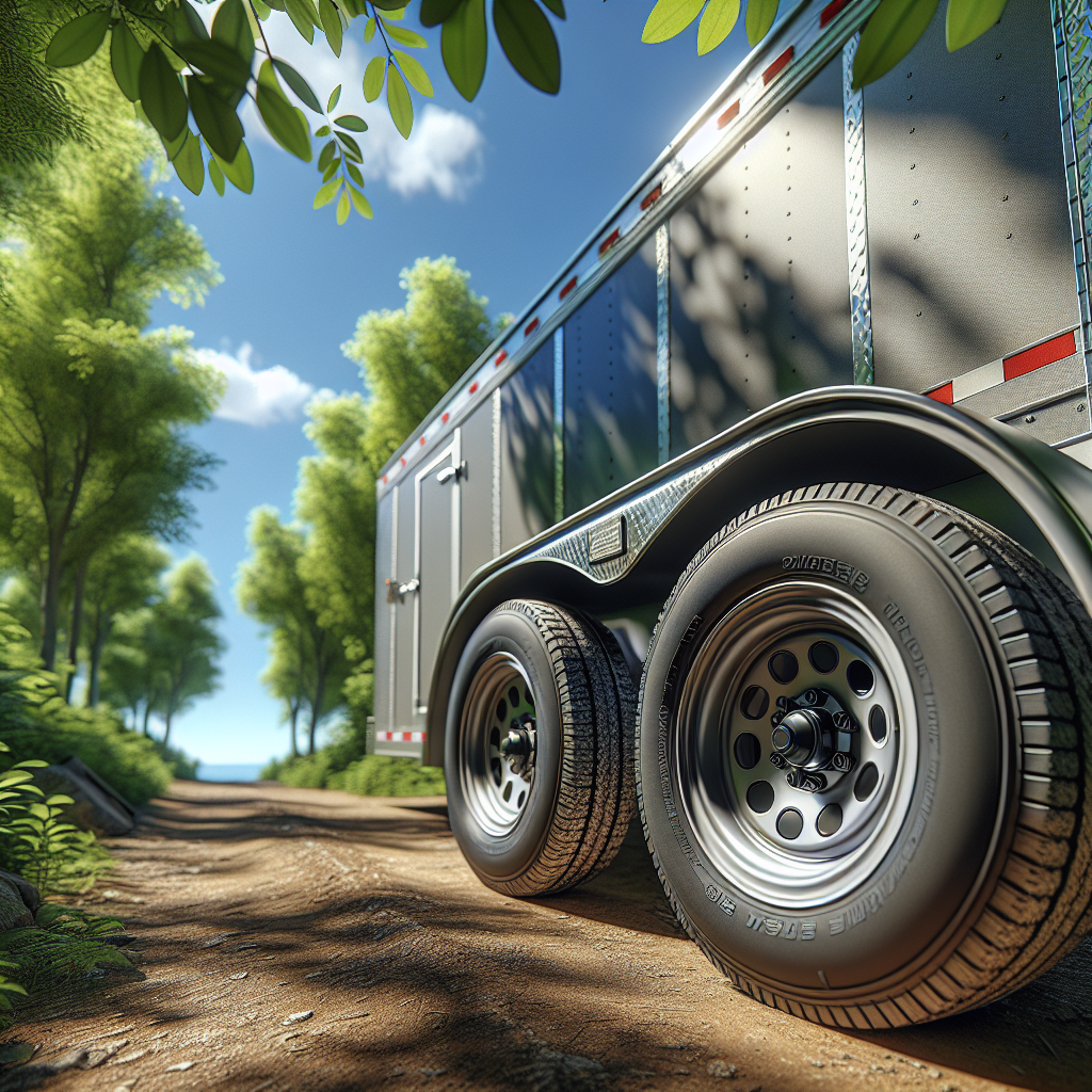 A trailer parked on a dirt road with emphasis on its tires.