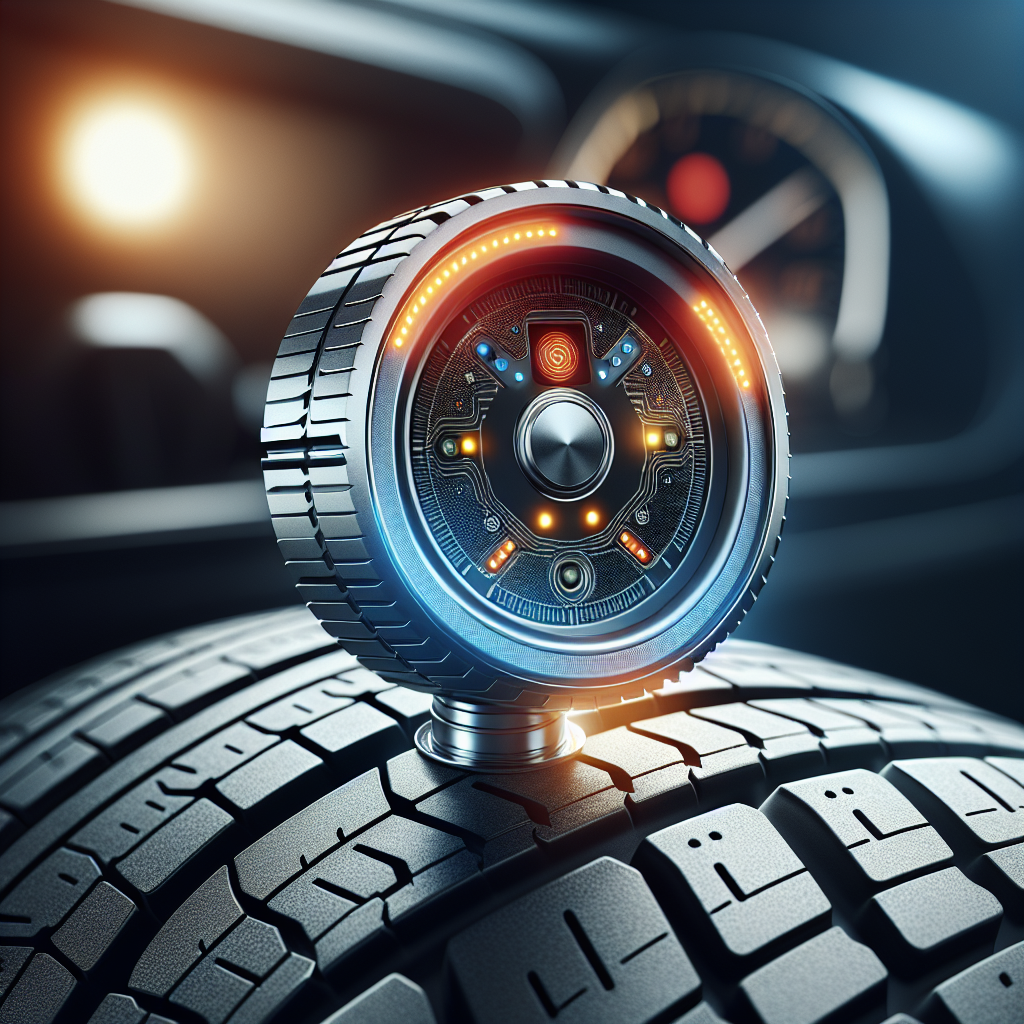 Close-up of a Tire Pressure Monitoring System sensor connected to a tire with a warning light on a car dashboard.