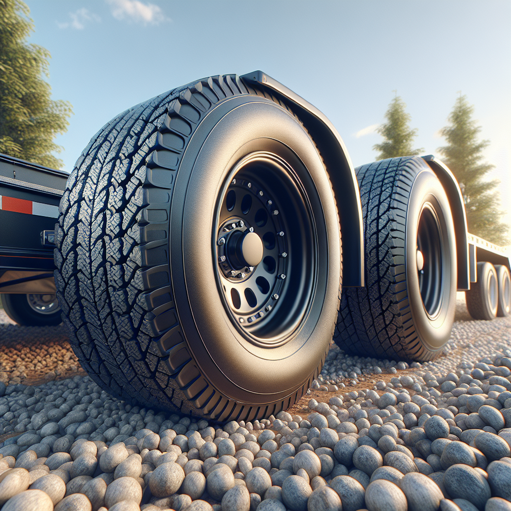 A close-up of a trailer's tires on a gravel surface, demonstrating correct tire pressure.