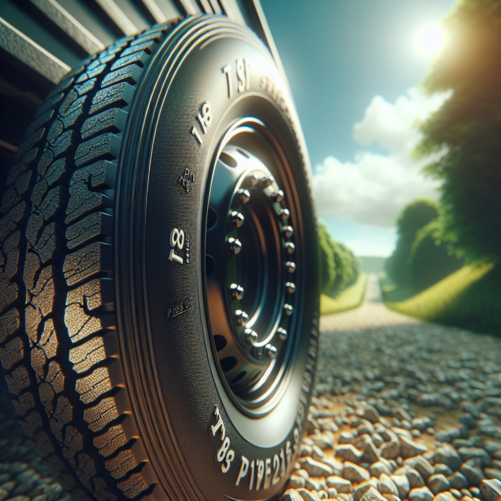 A close-up of a trailer tire on a gravel road.