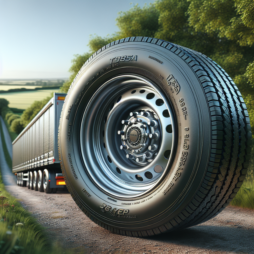 A trailer on a rural road with focus on its properly inflated tyres.