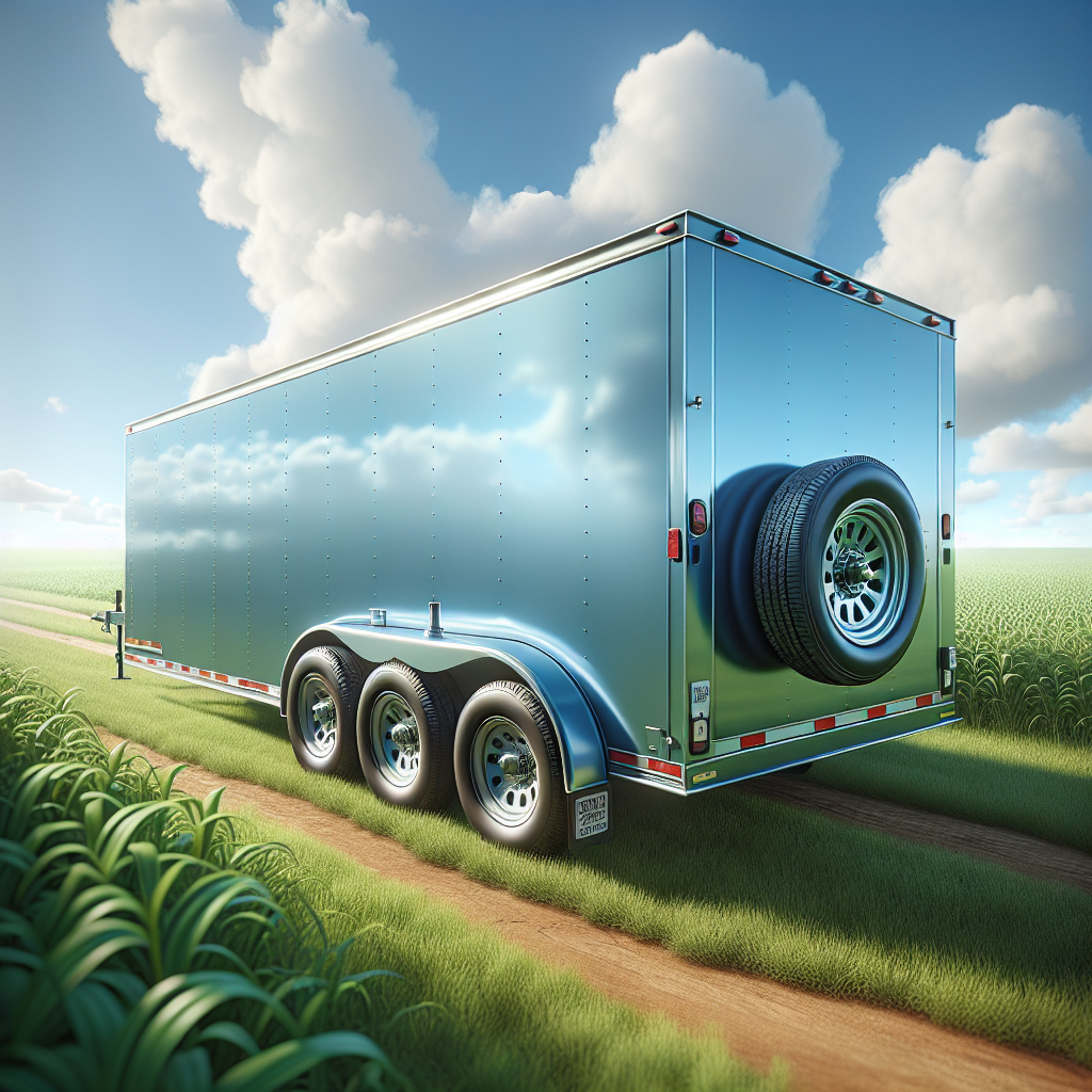 A trailer parked in the countryside, focusing on its tires.