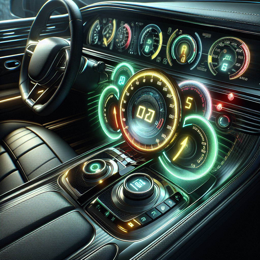 A digital dashboard showing tire pressure indicators in a modern car interior.