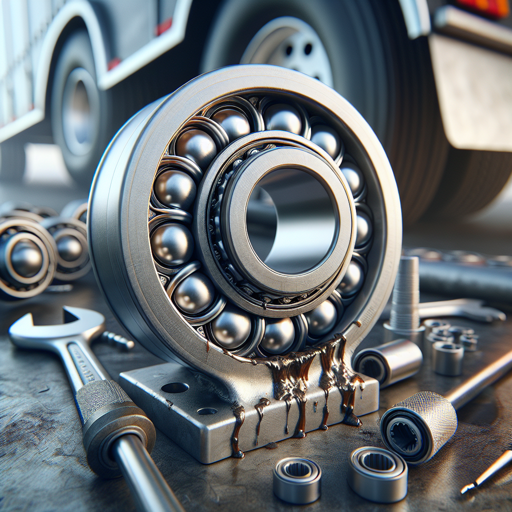 Close-up of a trailer wheel bearing with maintenance tools.