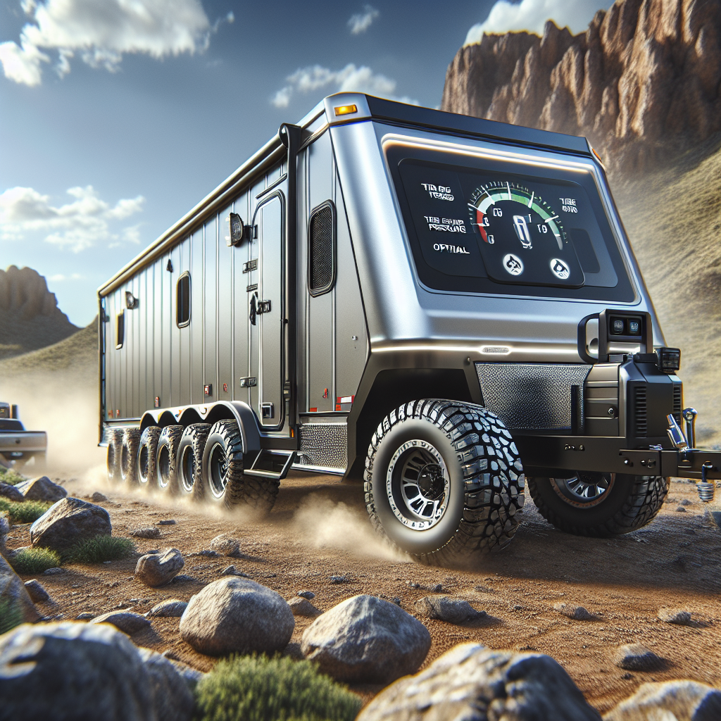 A trailer on rugged terrain emphasizing tire pressure monitoring.