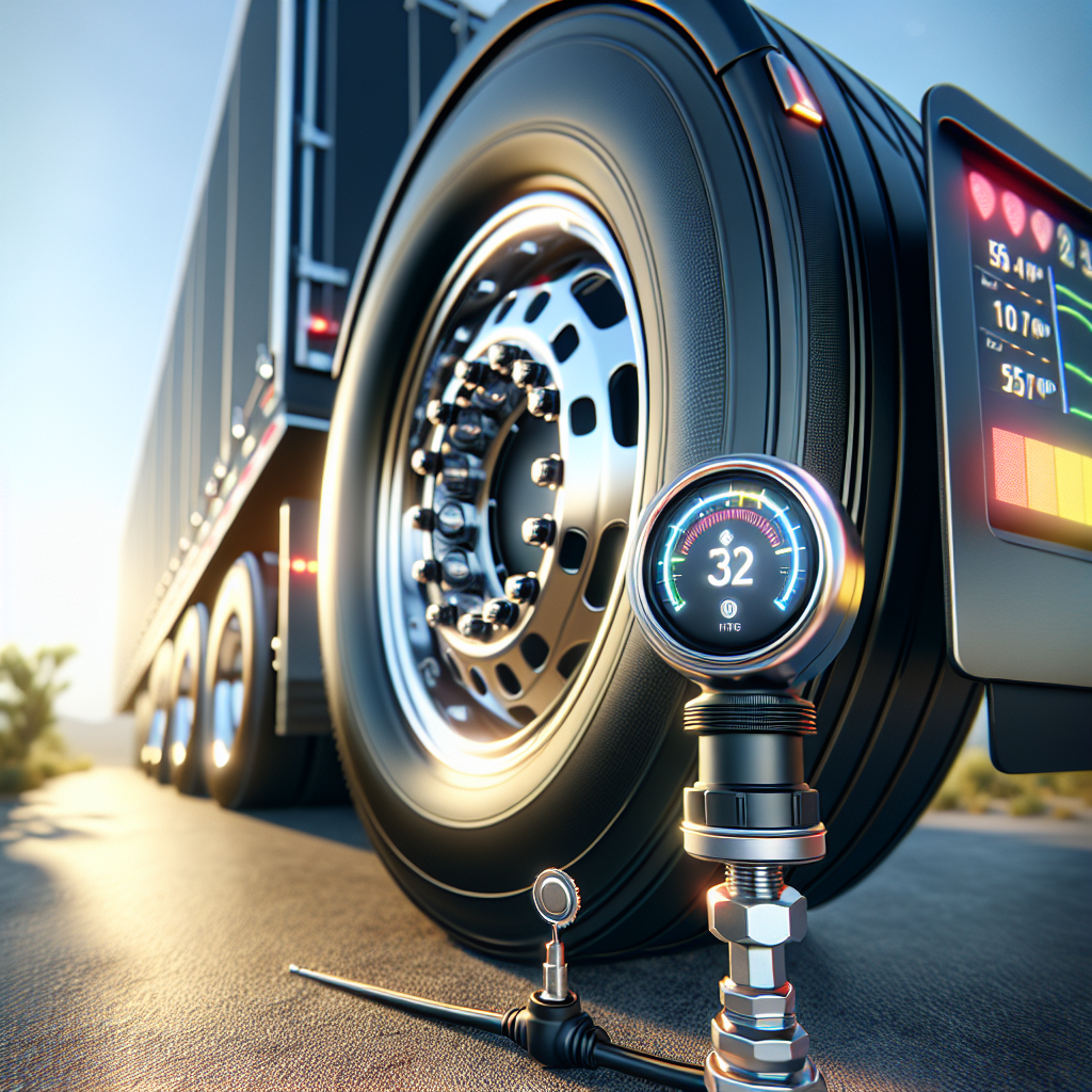 A close-up of a trailer tire with a Mopar Tire Pressure Monitoring System sensor attached, displaying pressure and temperature readings on a dashboard.