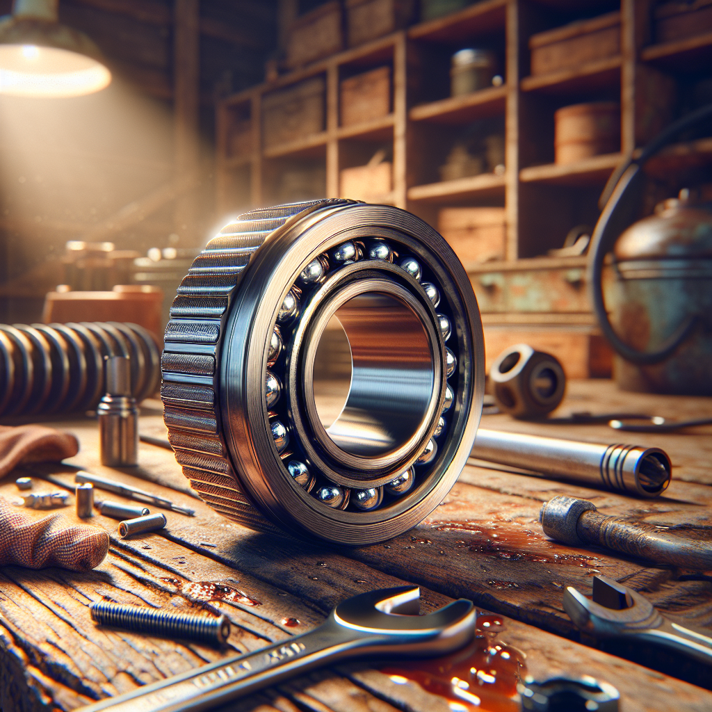A close-up of a trailer's wheel bearing in a workshop with tools and warm lighting.