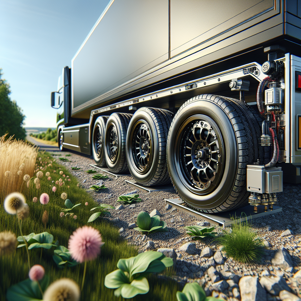 A modern trailer with highlighted tires showing Tire Pressure Monitoring Systems on a sunny day.