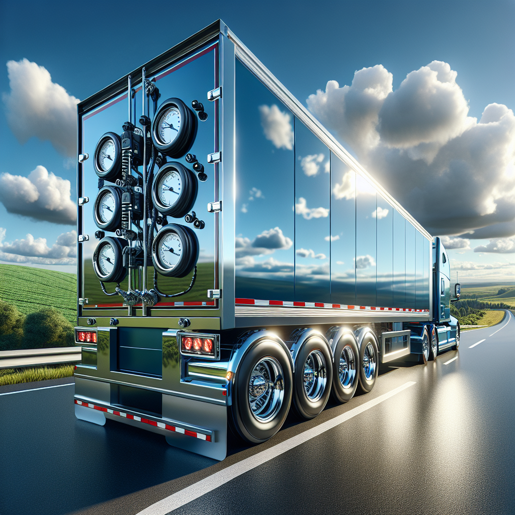 A modern trailer with tire pressure sensors on a highway.