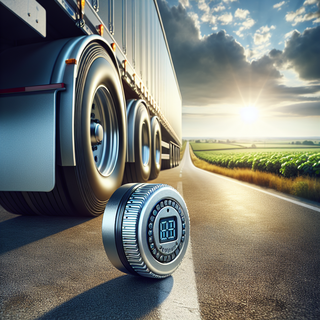 A trailer tire with a visible tire pressure monitoring system sensor, set against an open road and green fields.