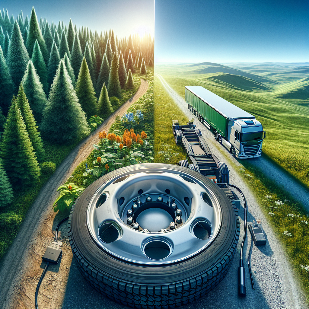 A trailer on a scenic landscape with a close-up of a tire featuring a Tire Pressure Monitoring System.