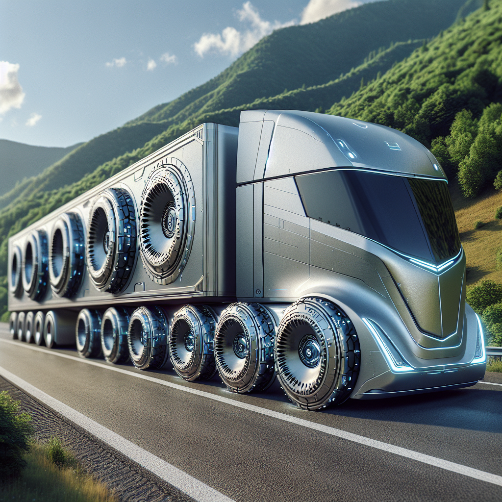 A futuristic trailer with advanced tire pressure monitoring sensors parked on a scenic highway.