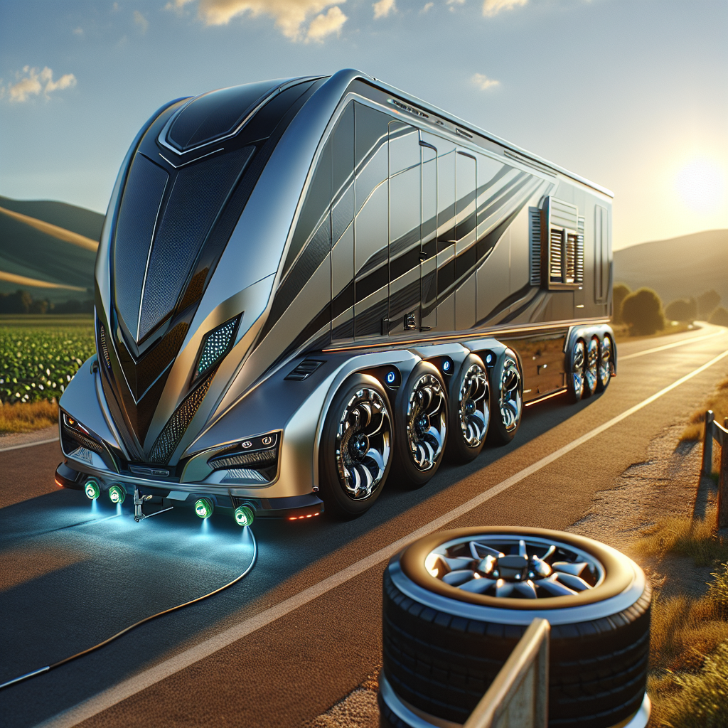 A modern trailer on a highway with tire pressure monitoring sensors.