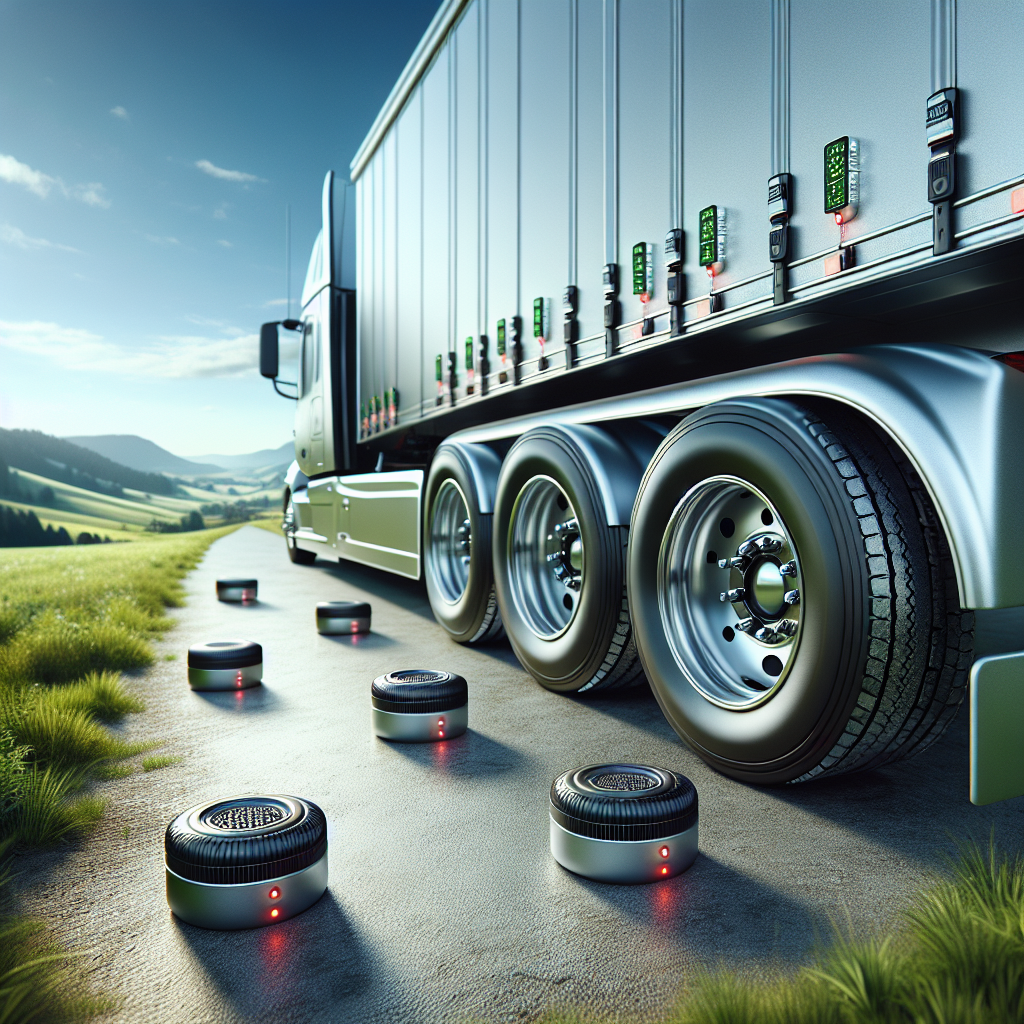 A trailer showing its tire pressure monitoring system sensors against a scenic landscape.