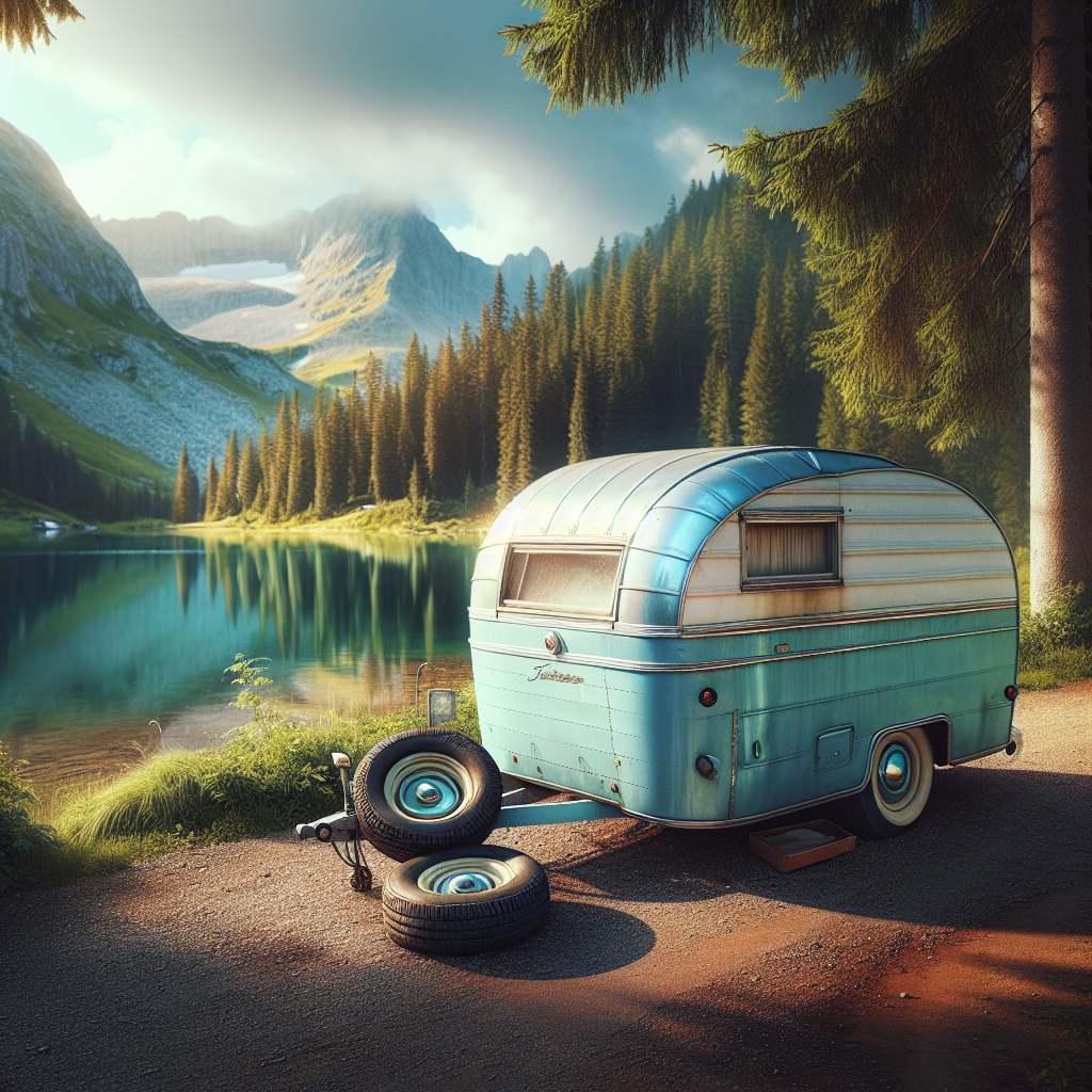 A vintage trailer by a lake with worn tires, showcasing one under-inflated and one over-inflated tire.