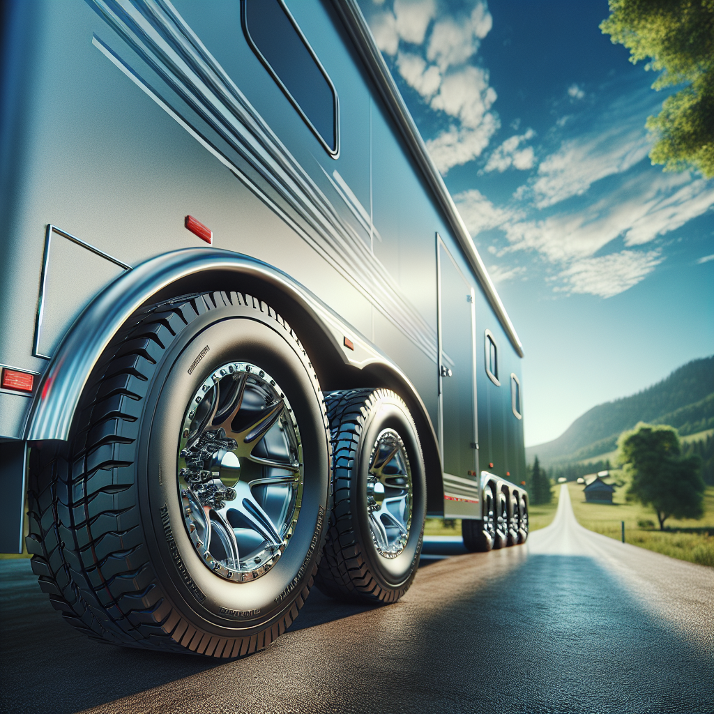 A trailer parked on a scenic road, emphasizing the tires and the landscape around.