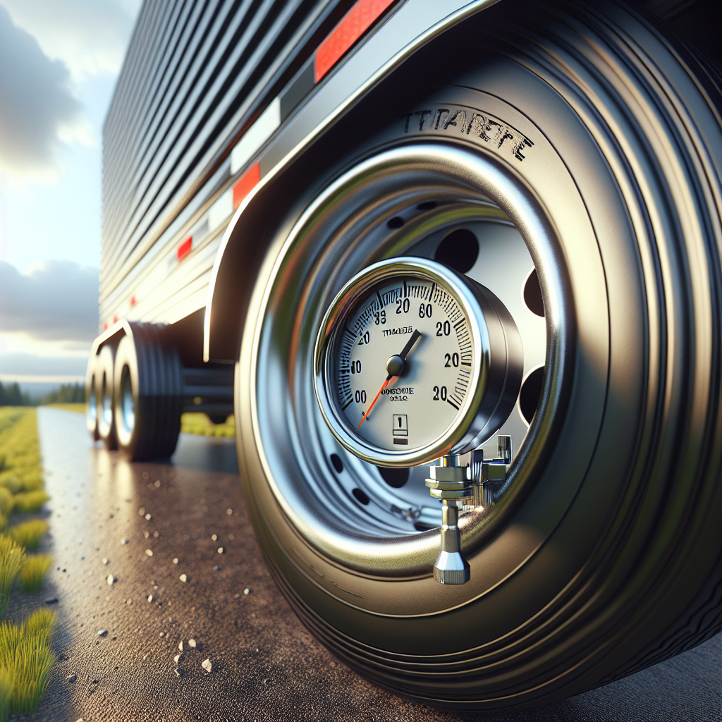 Close-up of a trailer tire with an air pressure gauge against a blurred roadside background.