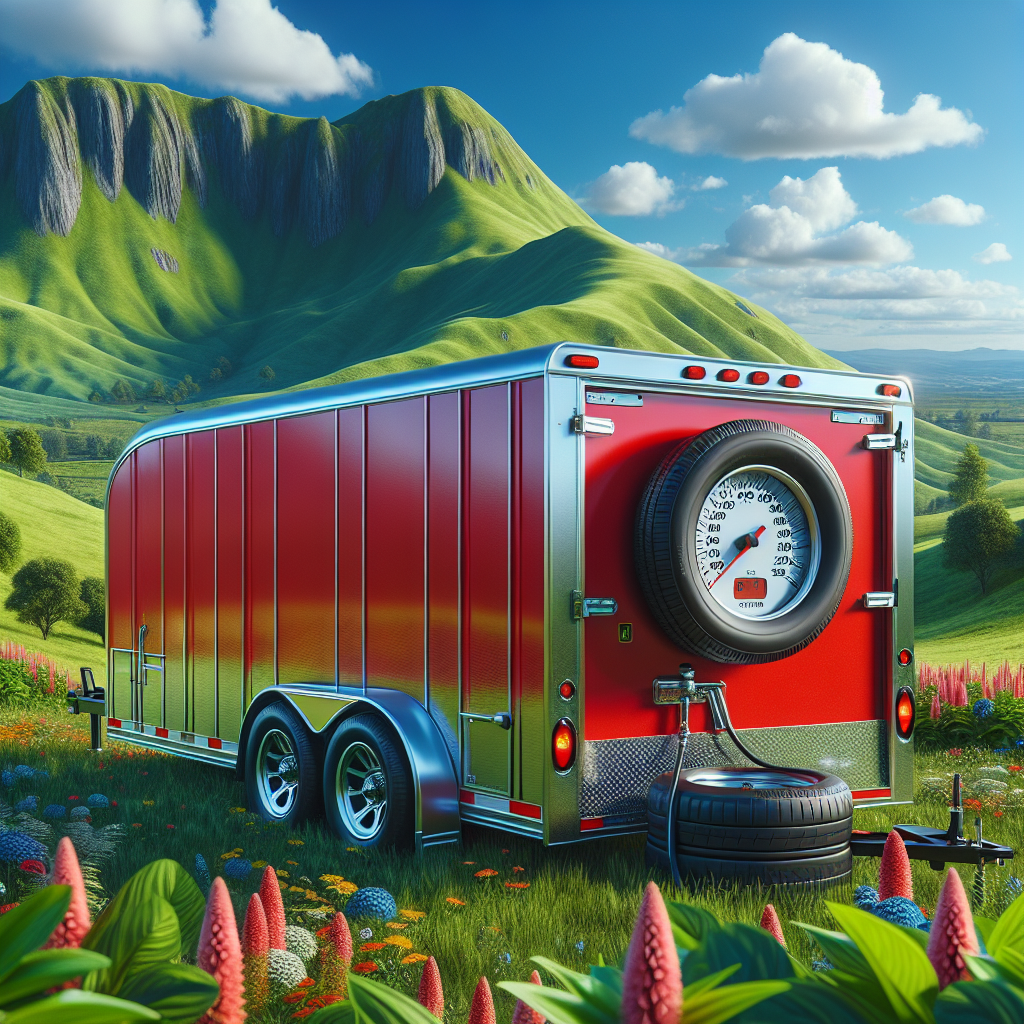 A trailer in a sunny outdoor scene, with well-inflated tires and a pressure gauge, surrounded by nature.